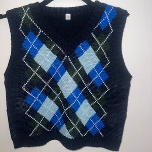 70s style navy and blue argyle print vest